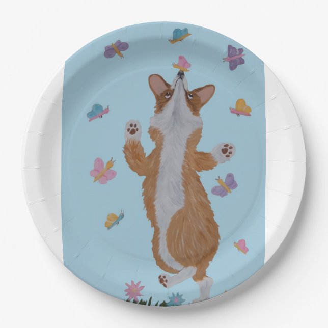 Prato De Papel Corgi Galês Dançando com Borboletas (Frente)