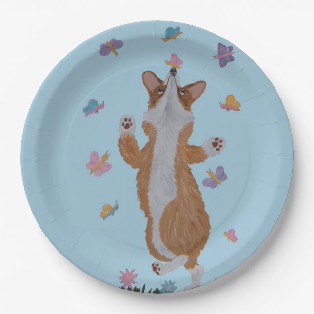Prato De Papel Corgi Galês Dançando com Borboletas (Frente)