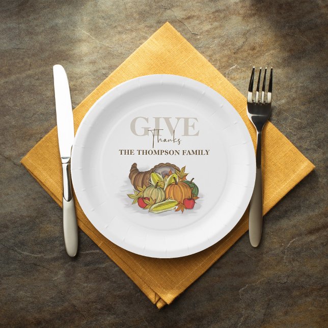 Prato De Papel Cornucopia Elegante de Ação de Graças no outono (Give thanks Thanksgiving harvest cornucopia custom paper plate. )