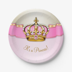 Prato De Papel Coroa de Bebê Princesa em Dourado Rosa Churrasco d