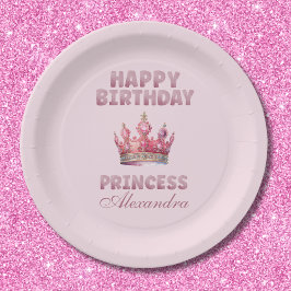Prato De Papel Coroa de Brilho Cor-de-Rosa Princesa Conto de Fada