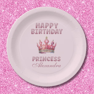 Prato De Papel Coroa de Brilho Cor-de-Rosa Princesa Conto de Fada