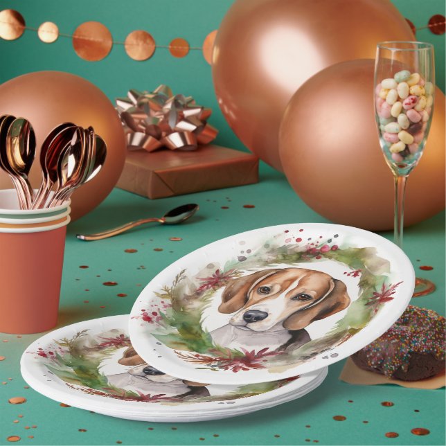 Prato De Papel Coroa de Natal de Beagle Pupila Festiva  (Múltiplo)