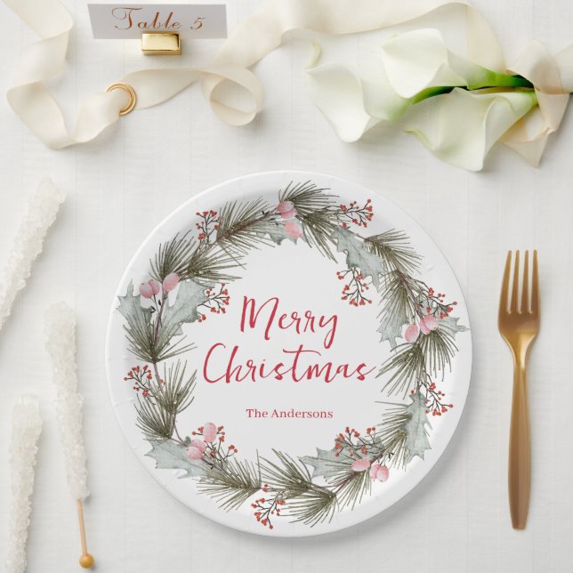 Prato De Papel Coroa de Natal em aquarela rústica elegante person (Casamento)
