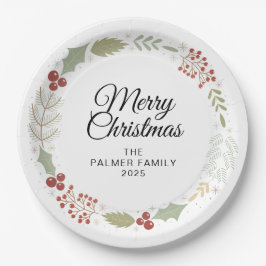 Prato De Papel Coroa de Natal Floral Elegante com Nome Personaliz