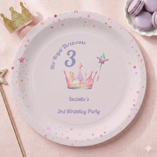 Prato De Papel Coroa de Princesa 3º Aniversário Realeza Tripla