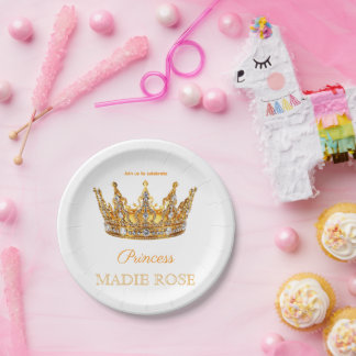 Prato De Papel Coroa de Princesa Dourada Conto de Fadas Aniversár
