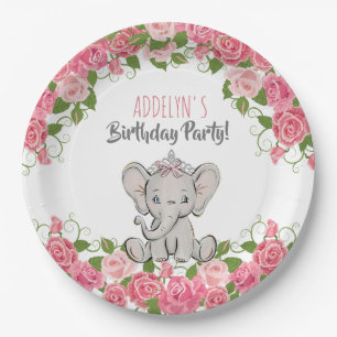 Prato De Papel Coroa de Princesa Elefante Rosa Aniversário Menina