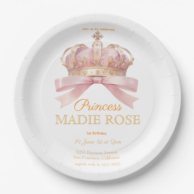 Prato De Papel Coroa de Princesa Rosa Conto de Fadas Aniversário (Frente)