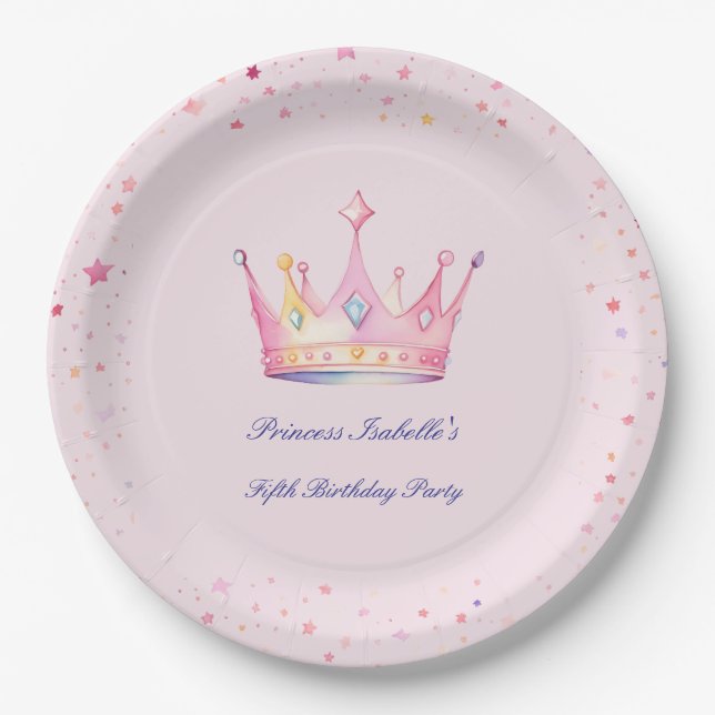 Prato De Papel Coroa de Princesa Rosa Pastel Aniversário de Menin (Frente)