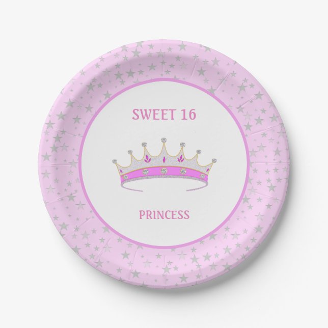 Prato De Papel Coroa de Princesa Sweet 16 & Confetes de Estrelas (Frente)