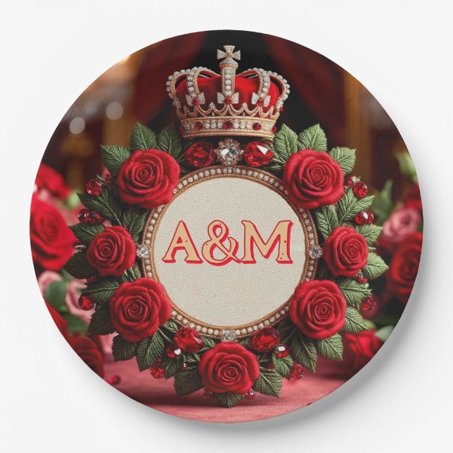 Prato De Papel 👑 Coroa de Rosa Personalizada com Monograma e Nom (Frente)