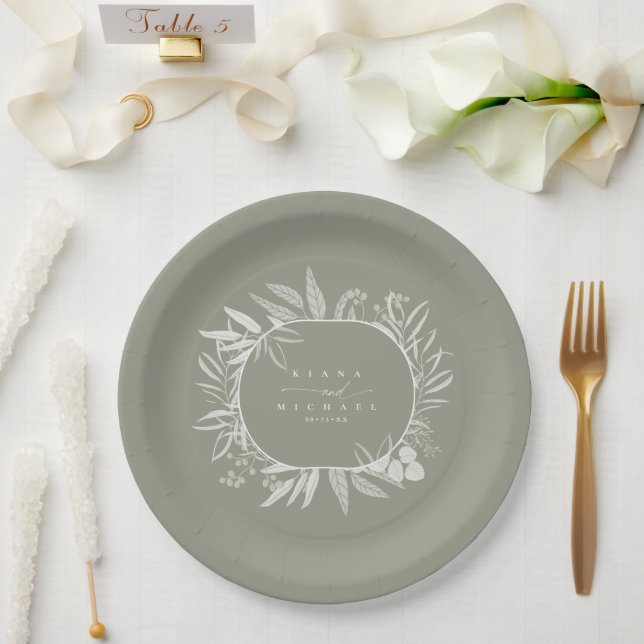 Prato De Papel Coroa de Tons de Eucalipto Verde ID901 (Casamento)