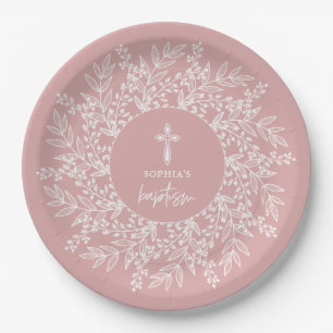 Prato De Papel Coroa e Cruz Elegantes Batismo de Menina Rosa