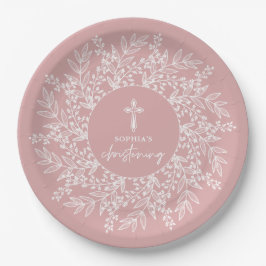 Prato De Papel Coroa e Cruz Elegantes Rosa Batizado de Menina