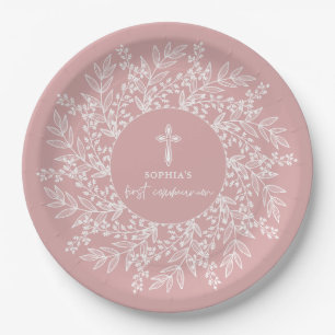 Prato De Papel Coroa e Cruz Elegantes Rosa Primeira Comunhão Meni