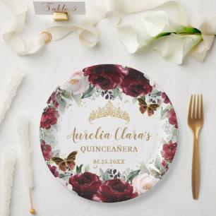 Prato De Papel Coroa Floral Burgundy Blush Quinceañera Borboleta