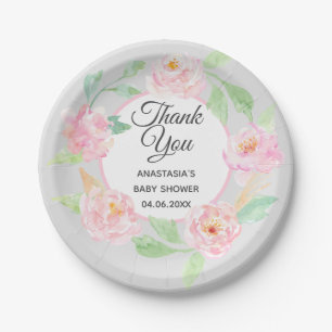 Prato De Papel Coroa Floral Cinza e Rosa Claro Obrigada Chá de Be