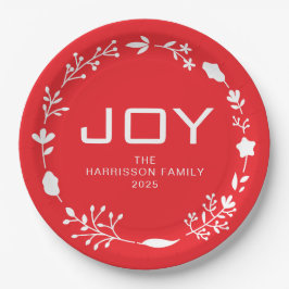 Prato De Papel Coroa Floral de Natal Joy com Nome Personalizado d