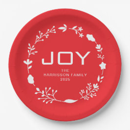 Prato De Papel Coroa Floral de Natal Joy Família Nome Personaliza