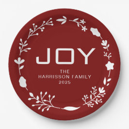 Prato De Papel Coroa Floral de Natal Joy Família Nome Personaliza