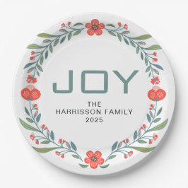 Prato De Papel Coroa Floral de Natal Joy Família Nome Personaliza