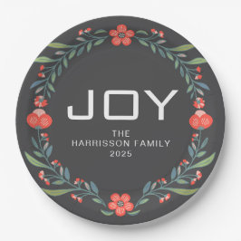 Prato De Papel Coroa Floral de Natal Joy Família Nome Personaliza