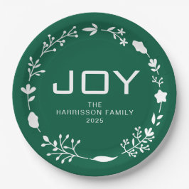 Prato De Papel Coroa Floral de Natal Joy Família Nome Personaliza