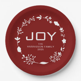 Prato De Papel Coroa Floral de Natal Joy Família Nome Personaliza