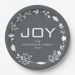 Prato De Papel Coroa Floral de Natal Joy Família Nome Personaliza