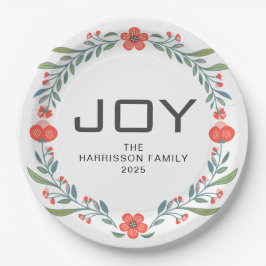 Prato De Papel Coroa Floral de Natal Joy Família Nome Personaliza