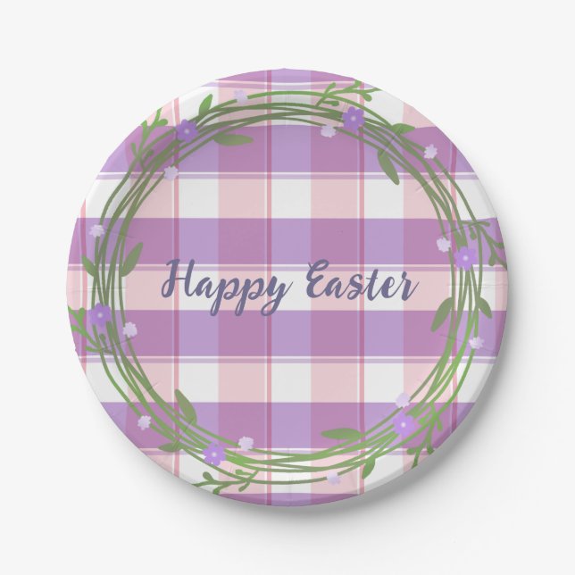 Prato De Papel Coroa Floral Lavanda com Xadrez Rosa Personalizada (Frente)