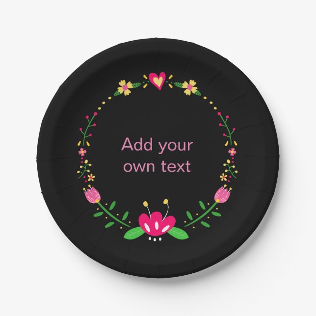 Prato De Papel Coroa Floral Personalizada em Preto (Frente)