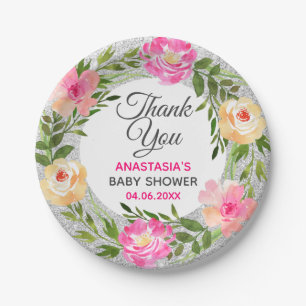 Prato De Papel Coroa Floral Prata e Rosa Obrigado Chás de Bebê