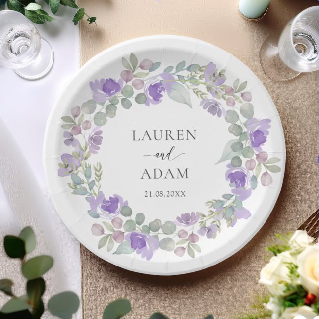 Prato De Papel Coroa Floral Roxa Elegante Casamento (Criador carregado)
