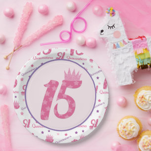 Prato De Papel Coroa roxa cor-de-rosa do 15o aniversário de