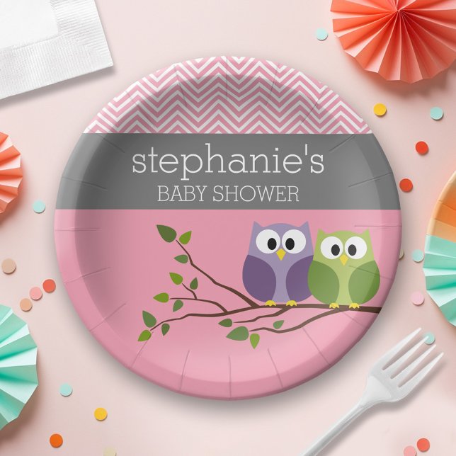 Prato De Papel Coruja-branca na ramificação - Chá-menina rosa (Personalized Baby Shower Plates - Cute Woodland Owl)