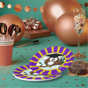 Prato De Papel Coruja De Graduação Com Cores Escolares Roxas E Do