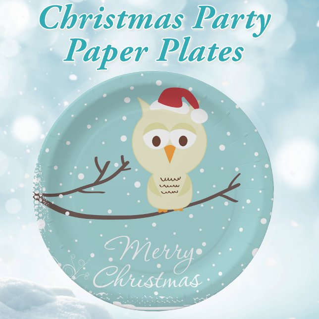 Prato De Papel Coruja de Papais noeis Bonitos Feliz Natal Azul (Cute Owl Theme Christmas Party Paper Plates)