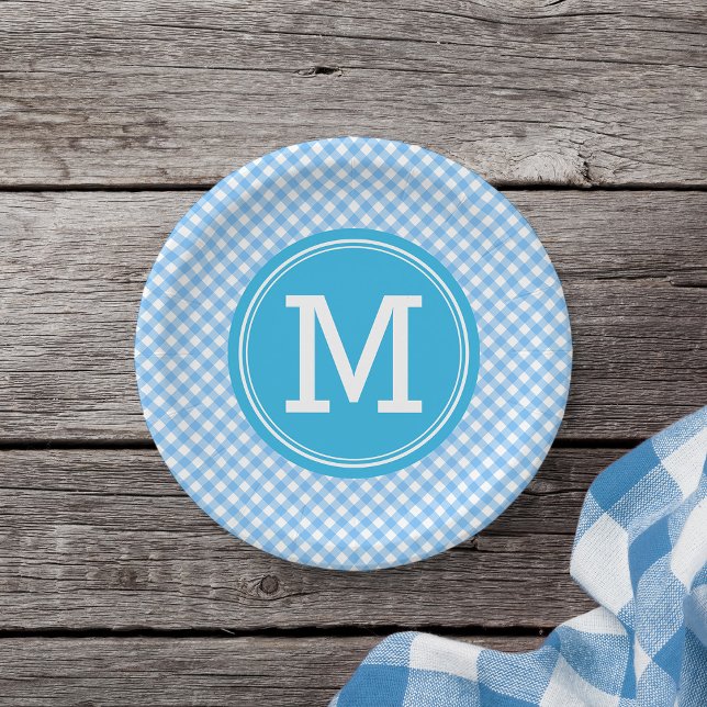 Prato De Papel Country Baby Blue Gingham Personalize Monograma (Criador carregado)