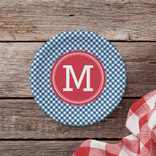 Prato De Papel Country Chic Blue Gingham Personalize Monograma