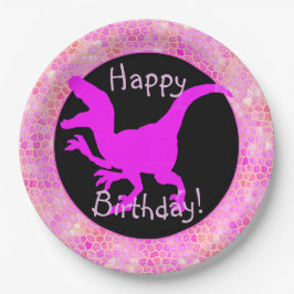 Prato De Papel Couro de Dinossauro Rosa Feliz Aniversário!