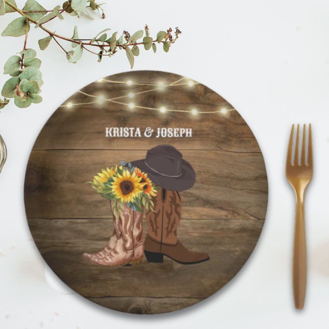 Prato De Papel Cowboy Boots Sunflower Western Weding Favor (Cowboy Boots Sunflower Western Wedding Favor Paper Plates)