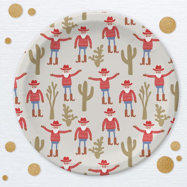 Prato De Papel Cowboy Santa Claus Western Christmas (Fun Cowboy Santa Claus Christmas Holidays Western party paper plates)