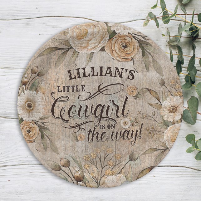 Prato De Papel Cowgirl Boho Floral Western Script (a little cowgirl is on the way vintage paper plate with boho florals)