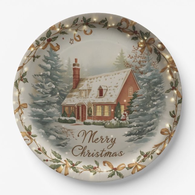 Prato De Papel Cozy Christmas Cottage Paper Plate (Frente)