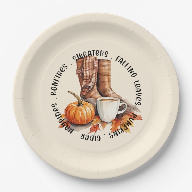 Prato De Papel Cozy Fall Vibes - Boots, Pumpkin Spice, Bonfire (Frente)