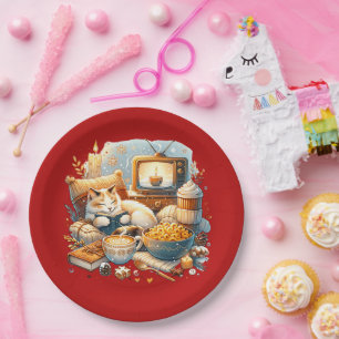 Prato De Papel Cozy Vibes Apenas: Gato, Livro, Mac & Queijo, Café