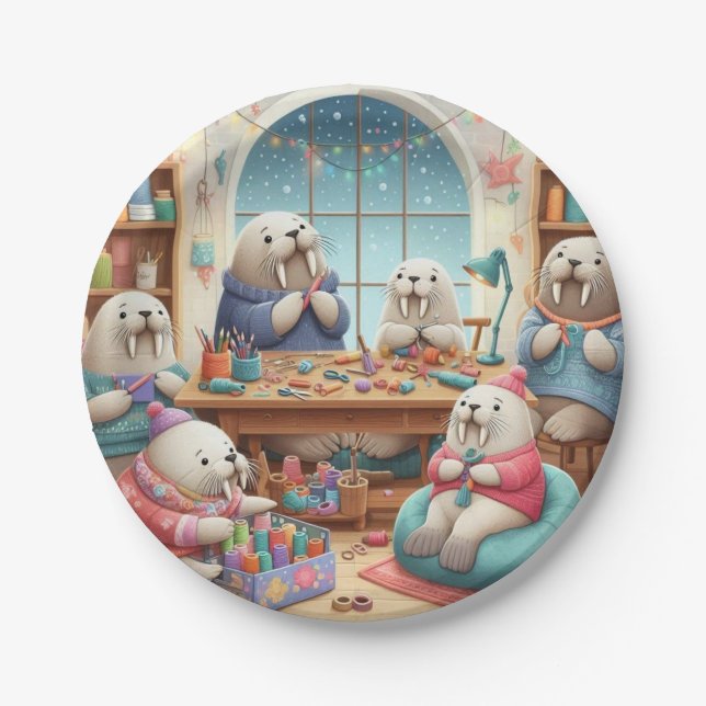 Prato De Papel Crafty Walrus Birthday Bash Paper Plates (Frente)