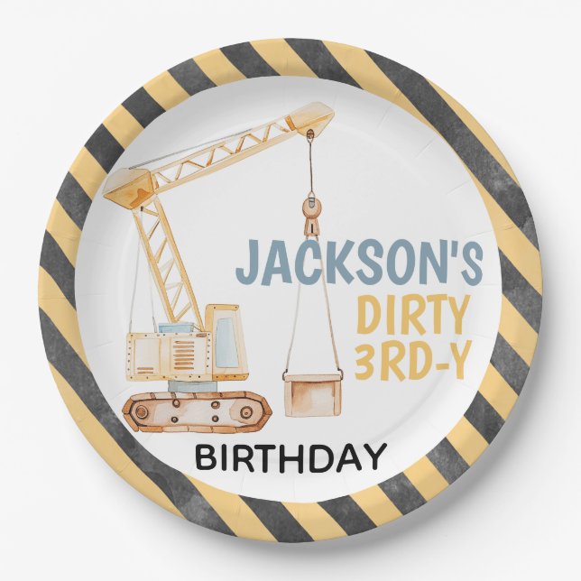 Prato De Papel Crane Construction Dirdy 3rdy Birthday Plate (Frente)
